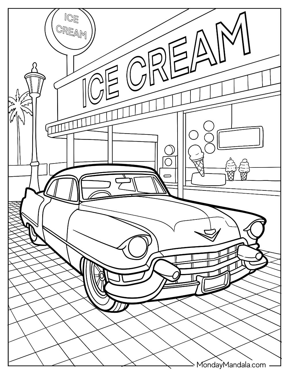 1950s Cadillac Hot Rod Coloring Page Parked at Retro Ice Cream Shop