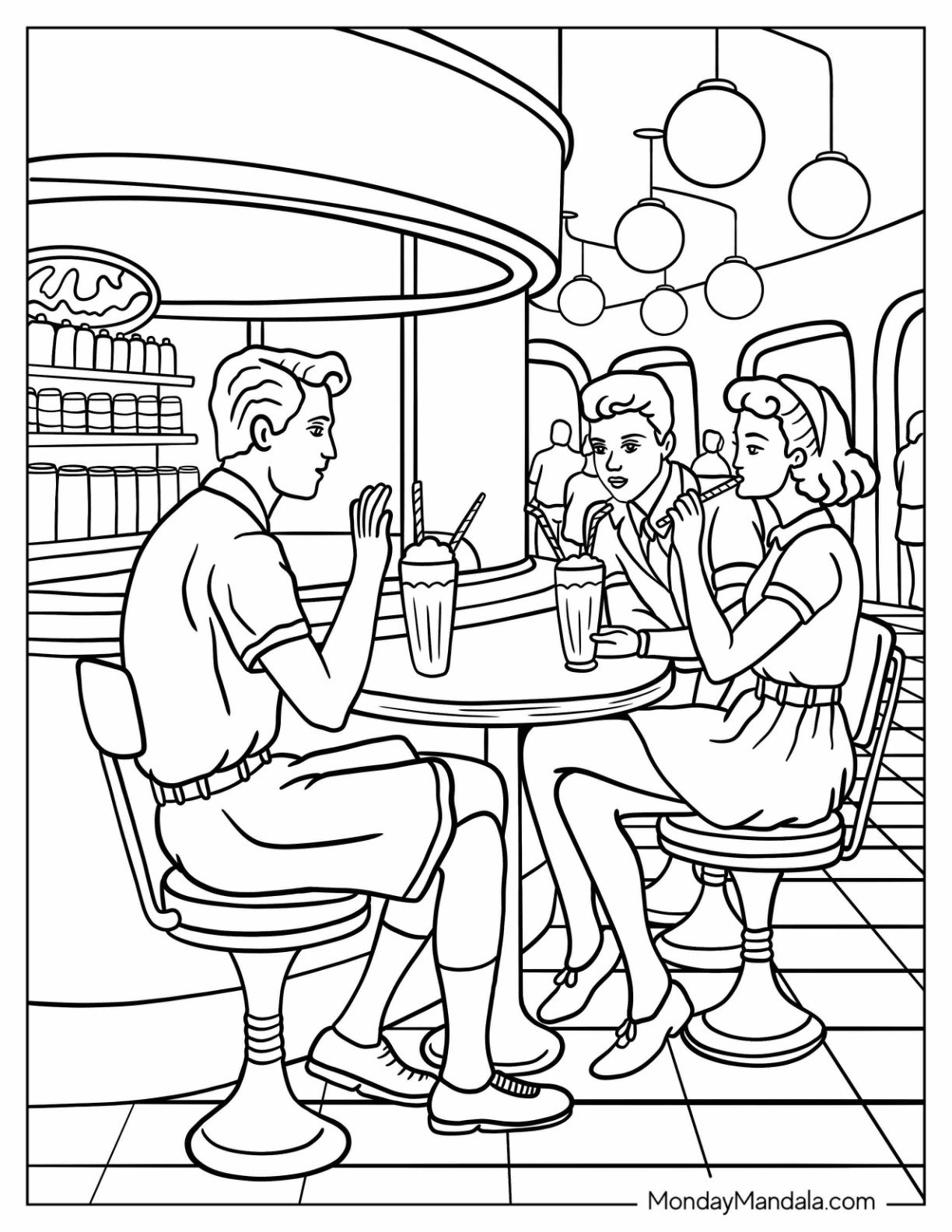 1950s Teenagers in Retro Diner Sharing Milkshakes Vintage Coloring Page for Kids