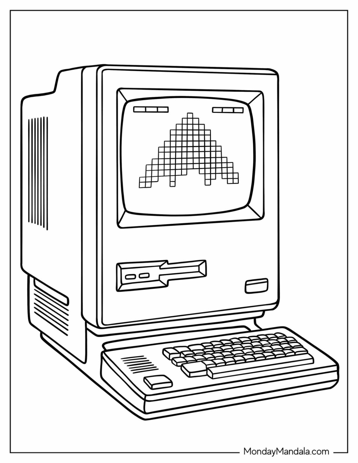 1980’s Coloring Page of Computer with Vintage Monitor and Keyboard for Kids