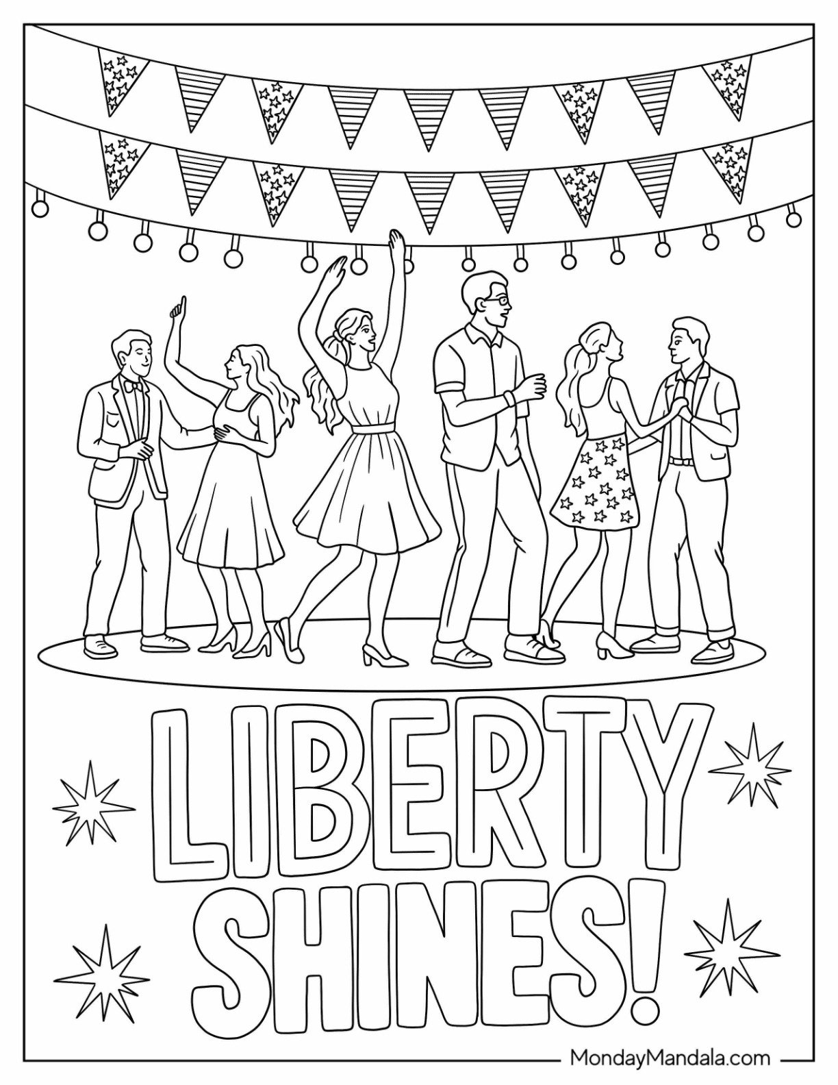4th of July Coloring Page Celebration with Music, Dancing, and Festive Lights