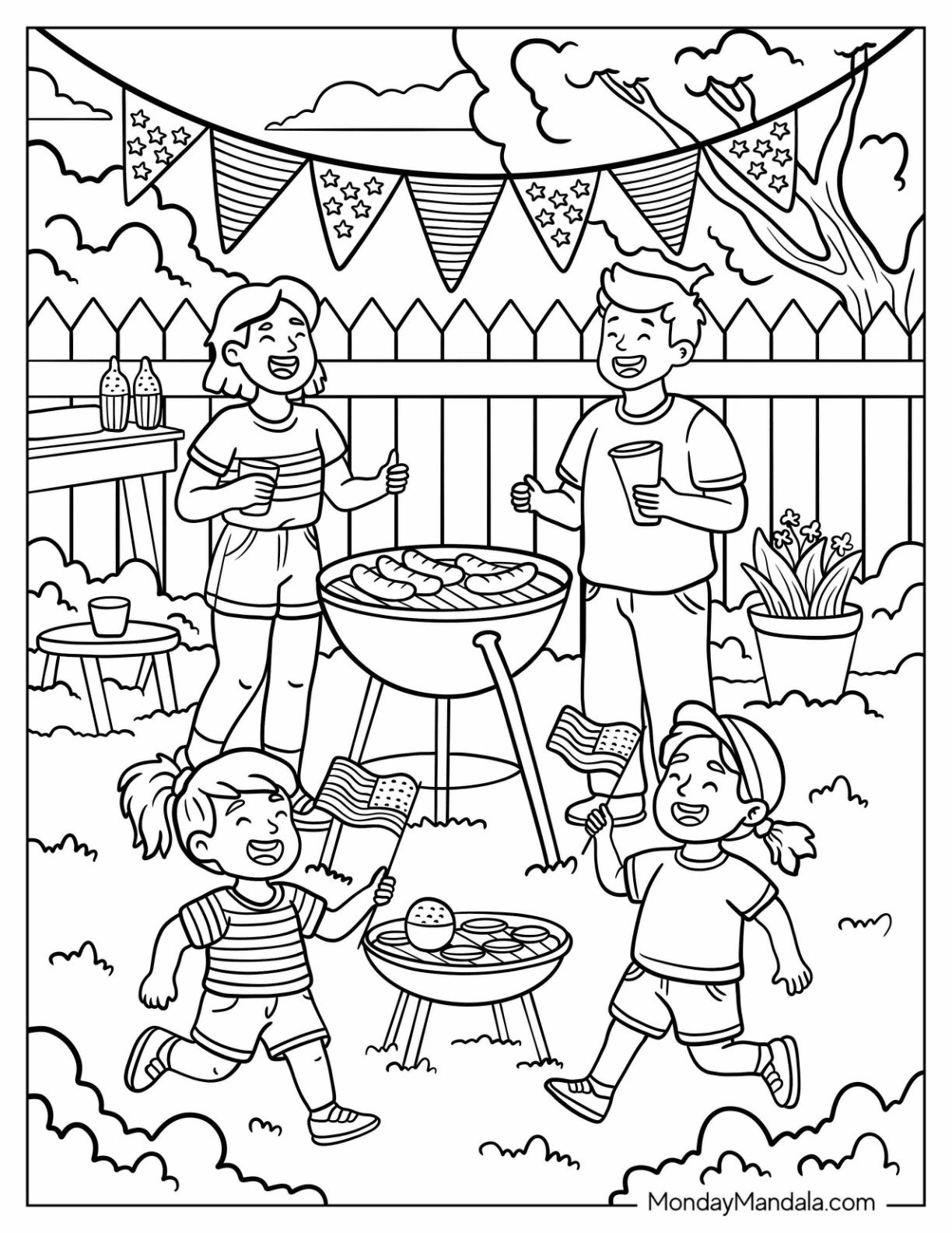 4th of July Coloring Page Family Grill Party with Smiling Kids and Grilled Hot Dogs