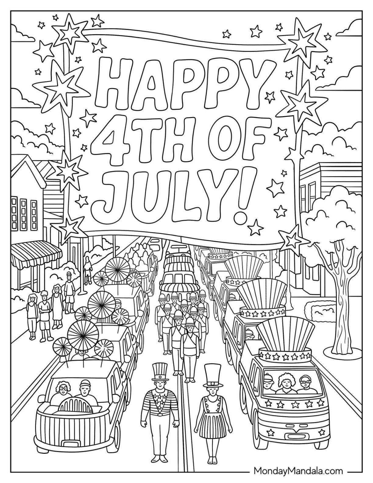 4th of July Coloring Page Parade with Floats, Marchers, and Patriotic Banner