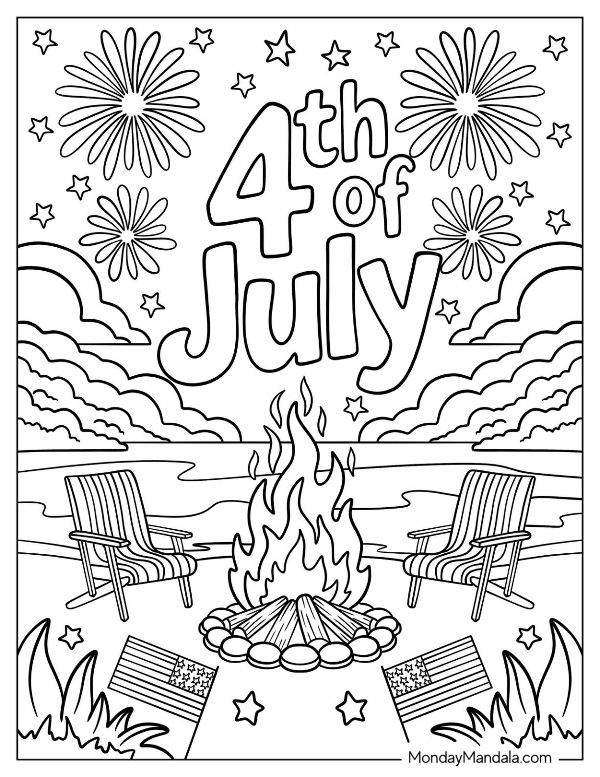 4th of July Coloring Page Text Above Bonfire on a Beach