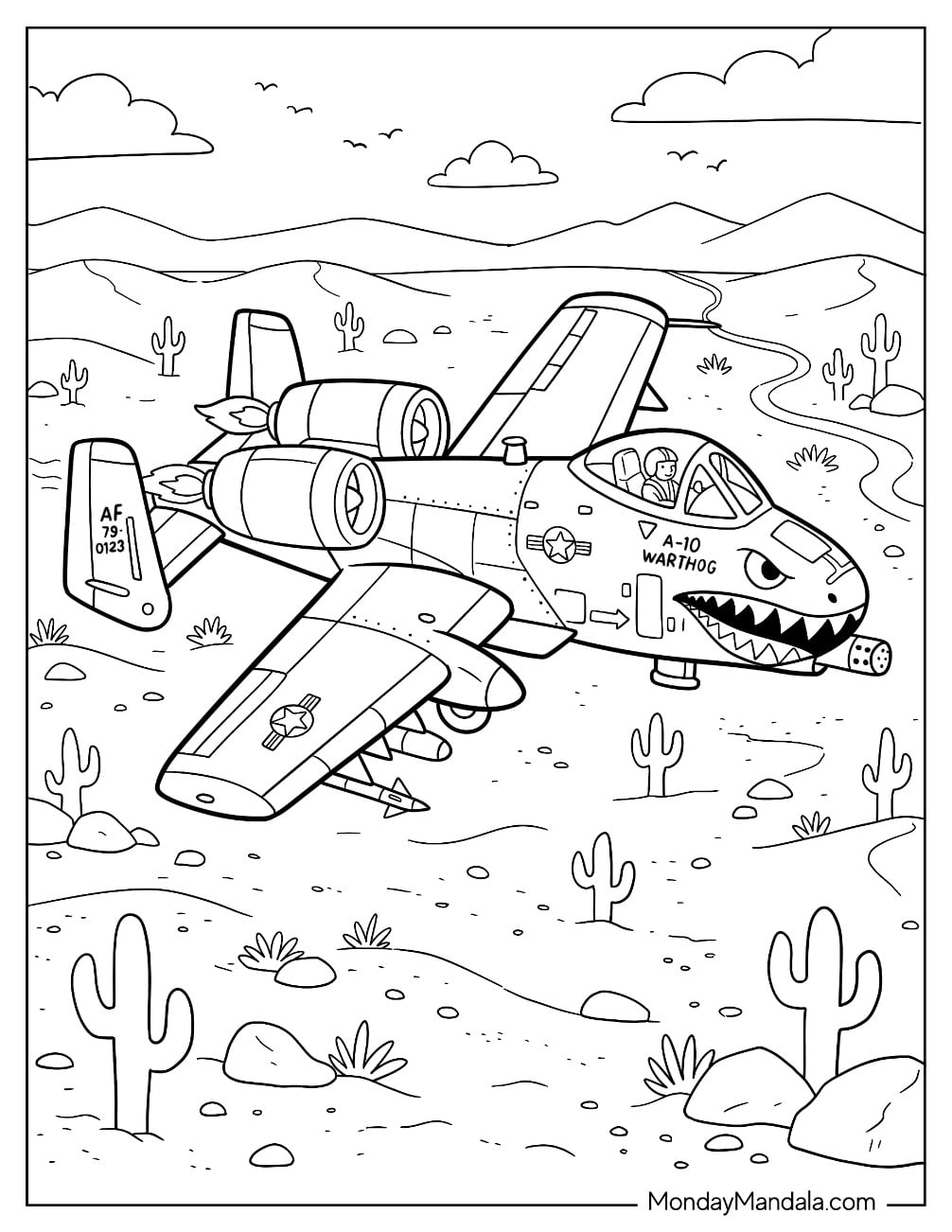 A 10 Warthog Attack Aircraft Flying Over a Desert Coloring Page