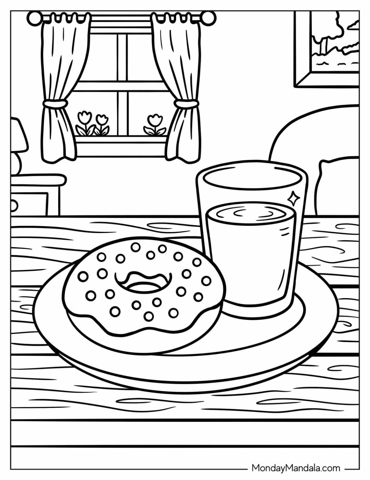 A Plate of Donut and a Glass of Milk Coloring Sheet