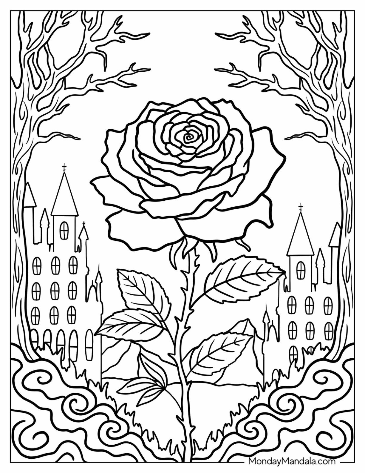 A Single Rose Coloring Page in Medieval Setting with Castles and Dead Trees