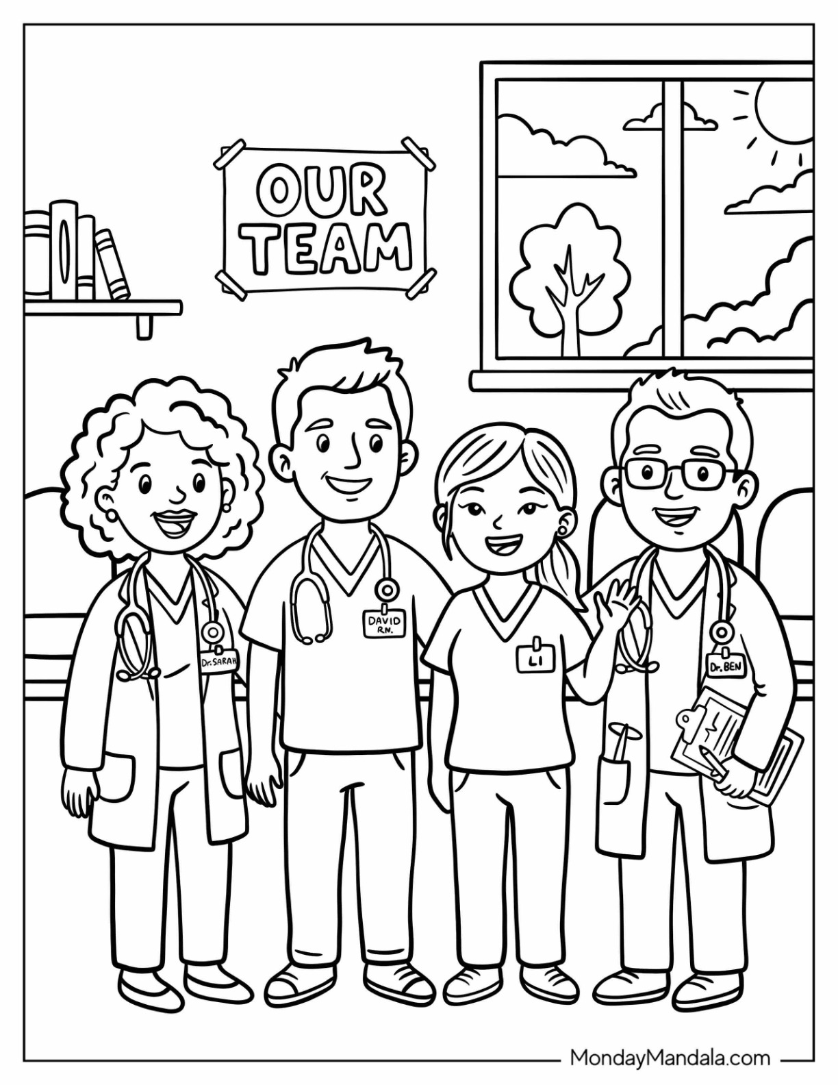 A Team of Doctors and Nurses Coloring Sheet