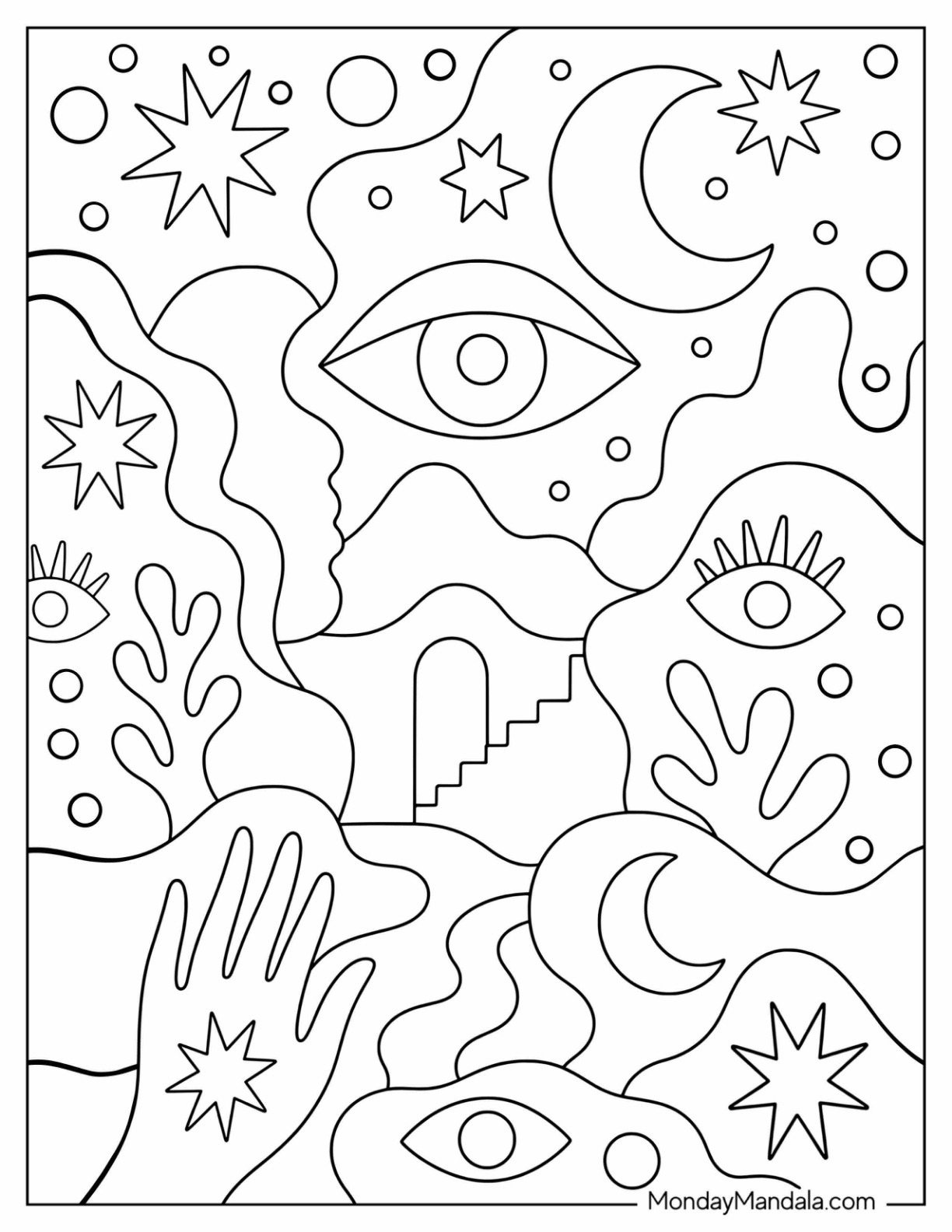 Abstract Eyes, Moons, Stars, and Organic Shapes Coloring Page for Kids