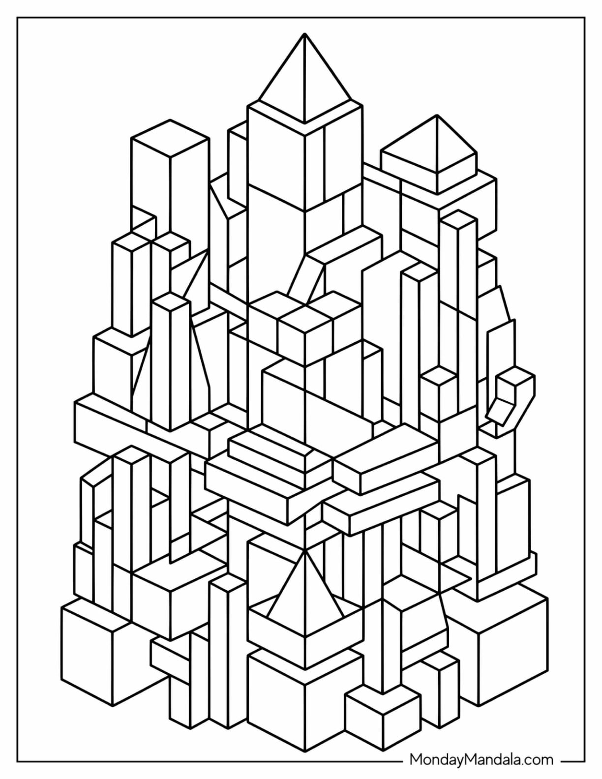 Abstract Geometric Cityscape Coloring Page for Kids