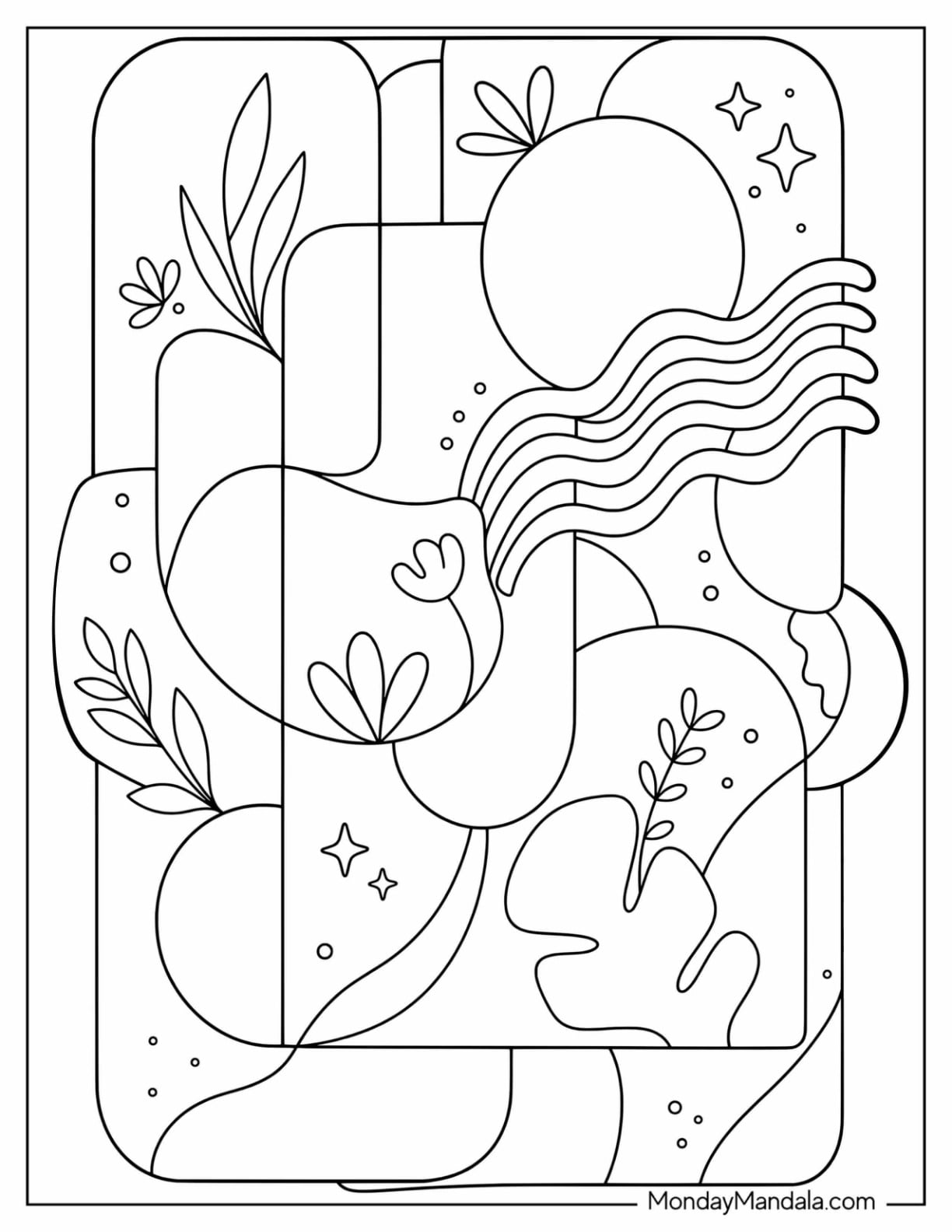 Abstract Geometric Shapes with Flowers and Waves Coloring Page