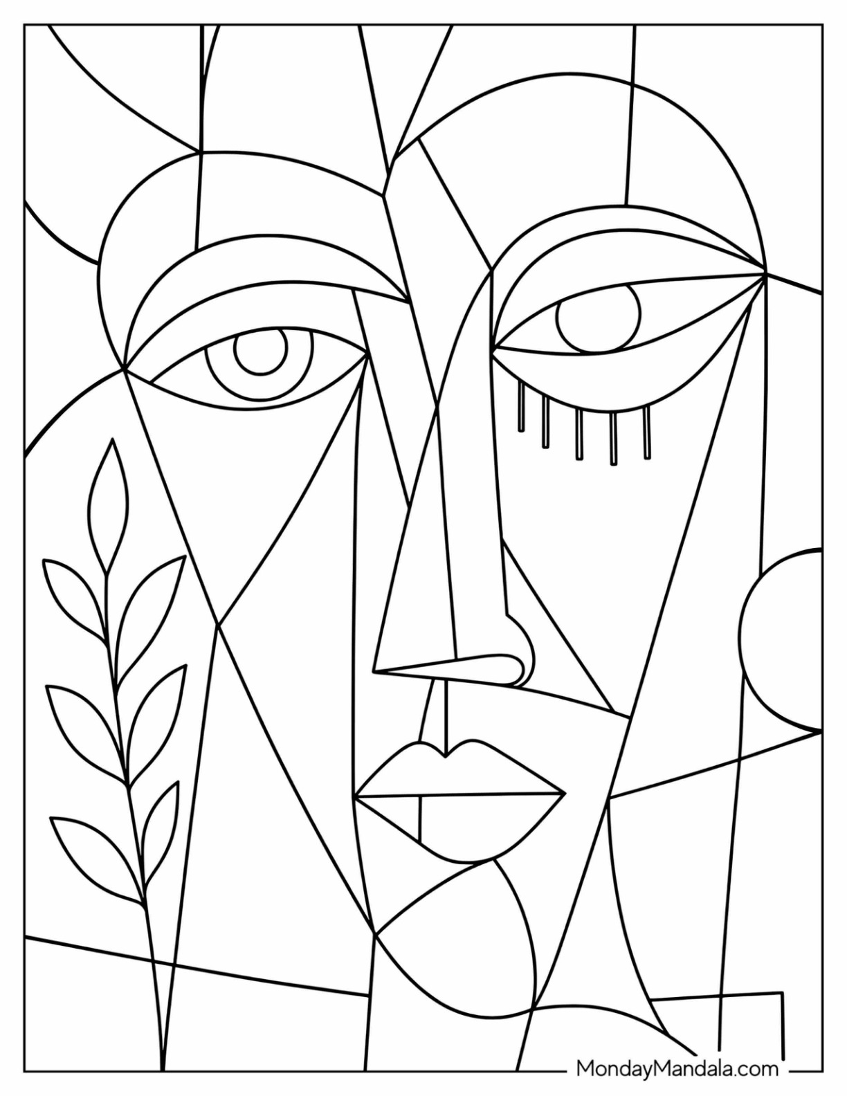Abstract Geometric Woman s Face with Leaves Coloring Sheet