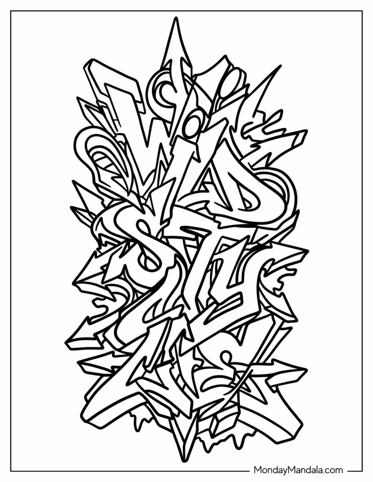 Abstract Graffiti Lettering and Wildstyle Shapes Coloring Page