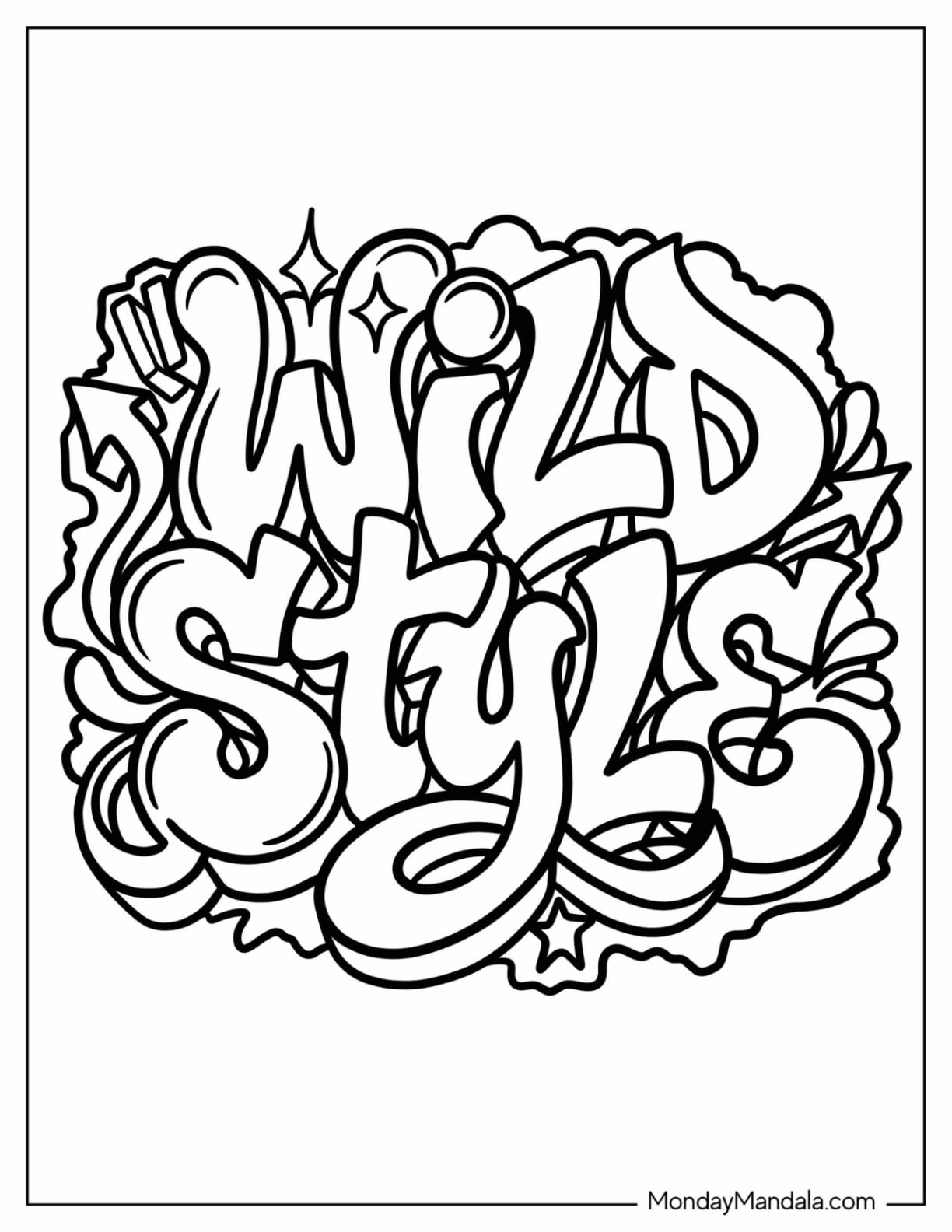 Abstract Graffiti Wildstyle Lettering with Swirls and Stars Coloring Sheet