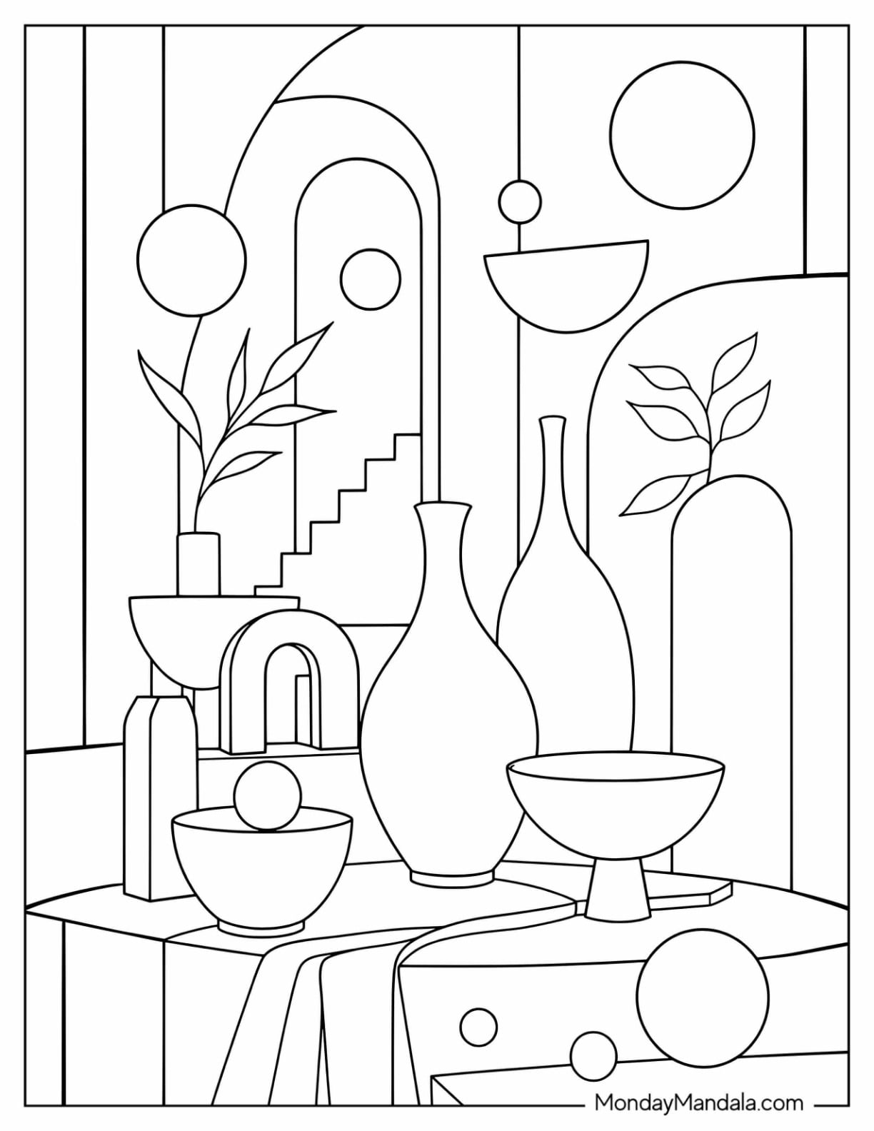Abstract Modern Still Life with Vases, Plants, and Geometric Shapes Coloring Page