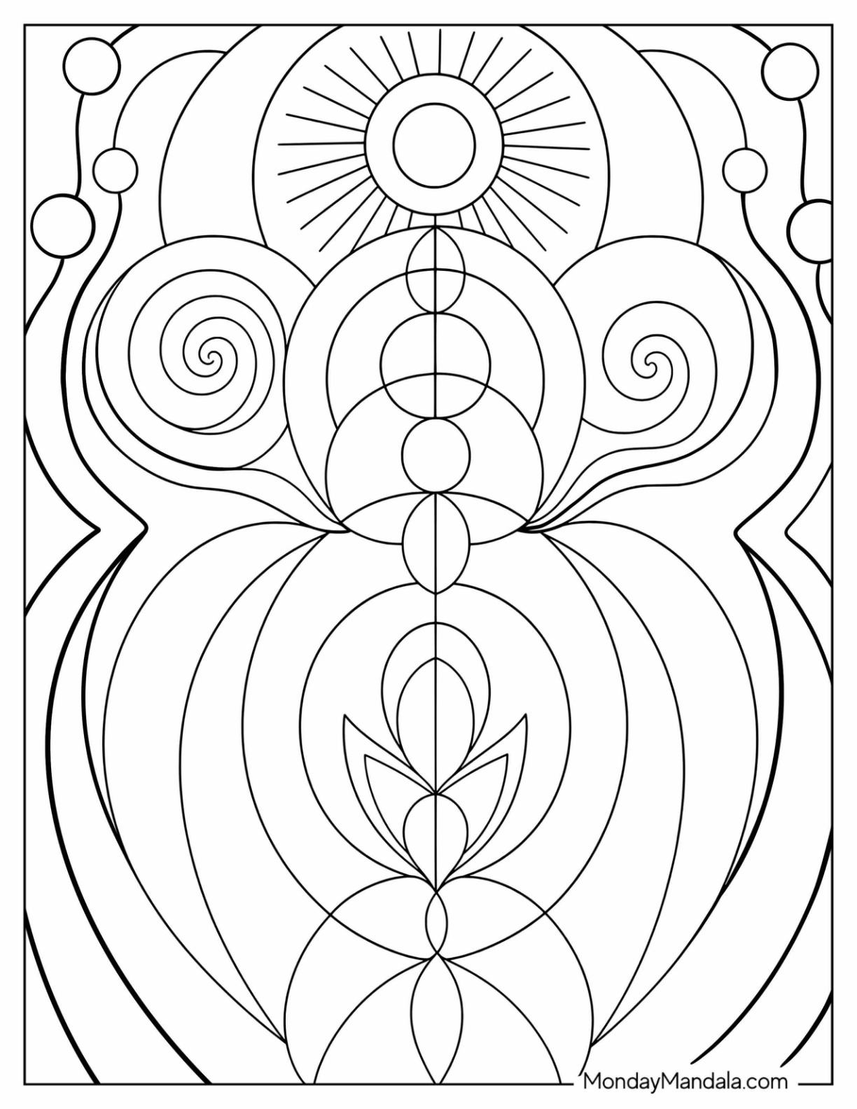 Abstract Sacred Geometry with Sun, Spirals, and Lotus Coloring Page