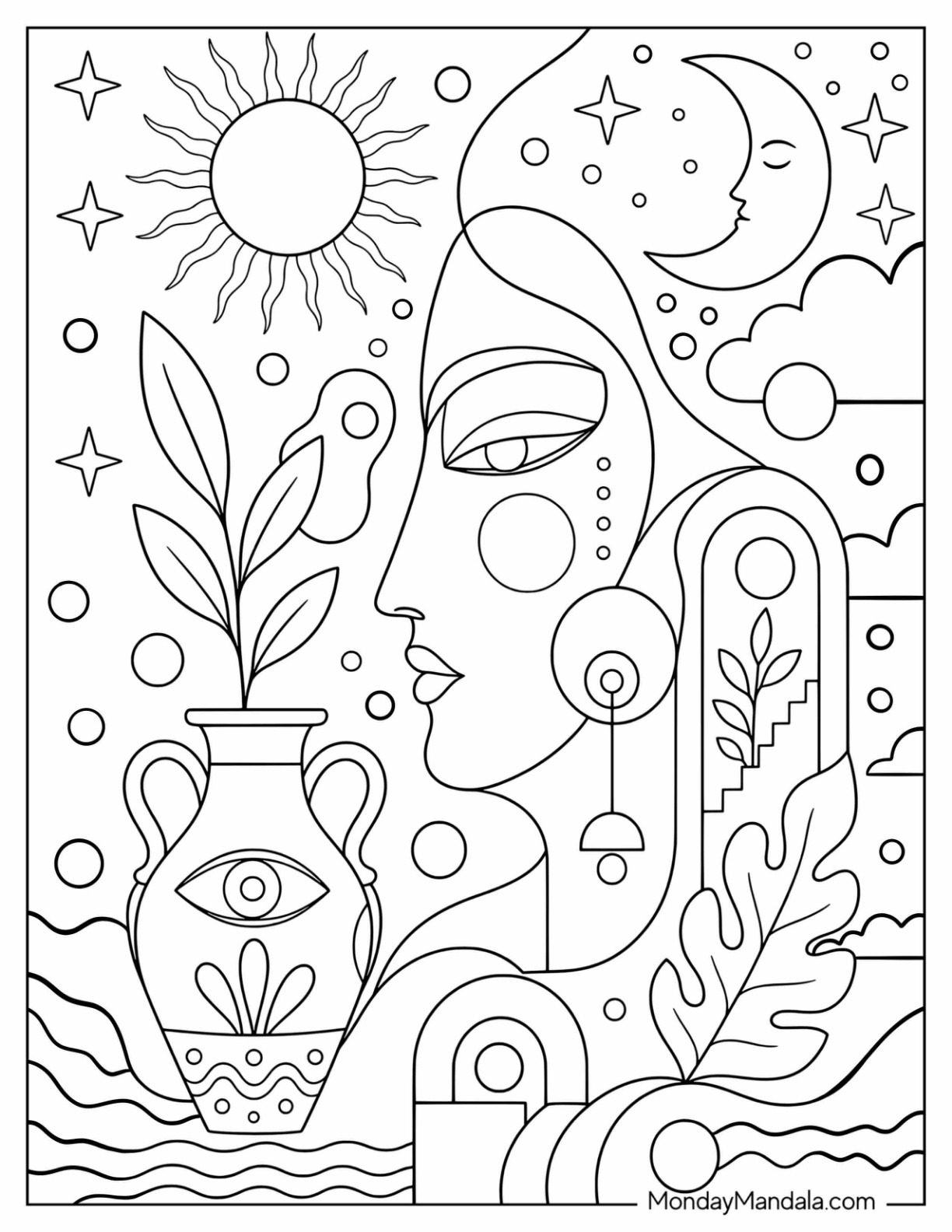 Abstract Woman with Sun, Moon, and Floral Vase Coloring Page