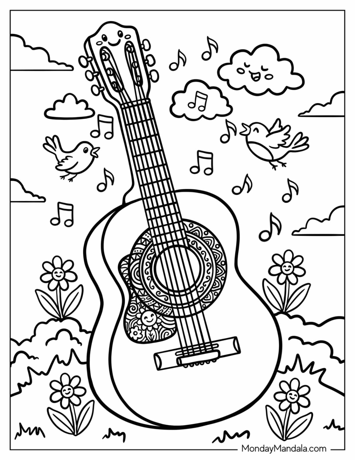 Acoustic Guitar Coloring Page in a Flower Garden