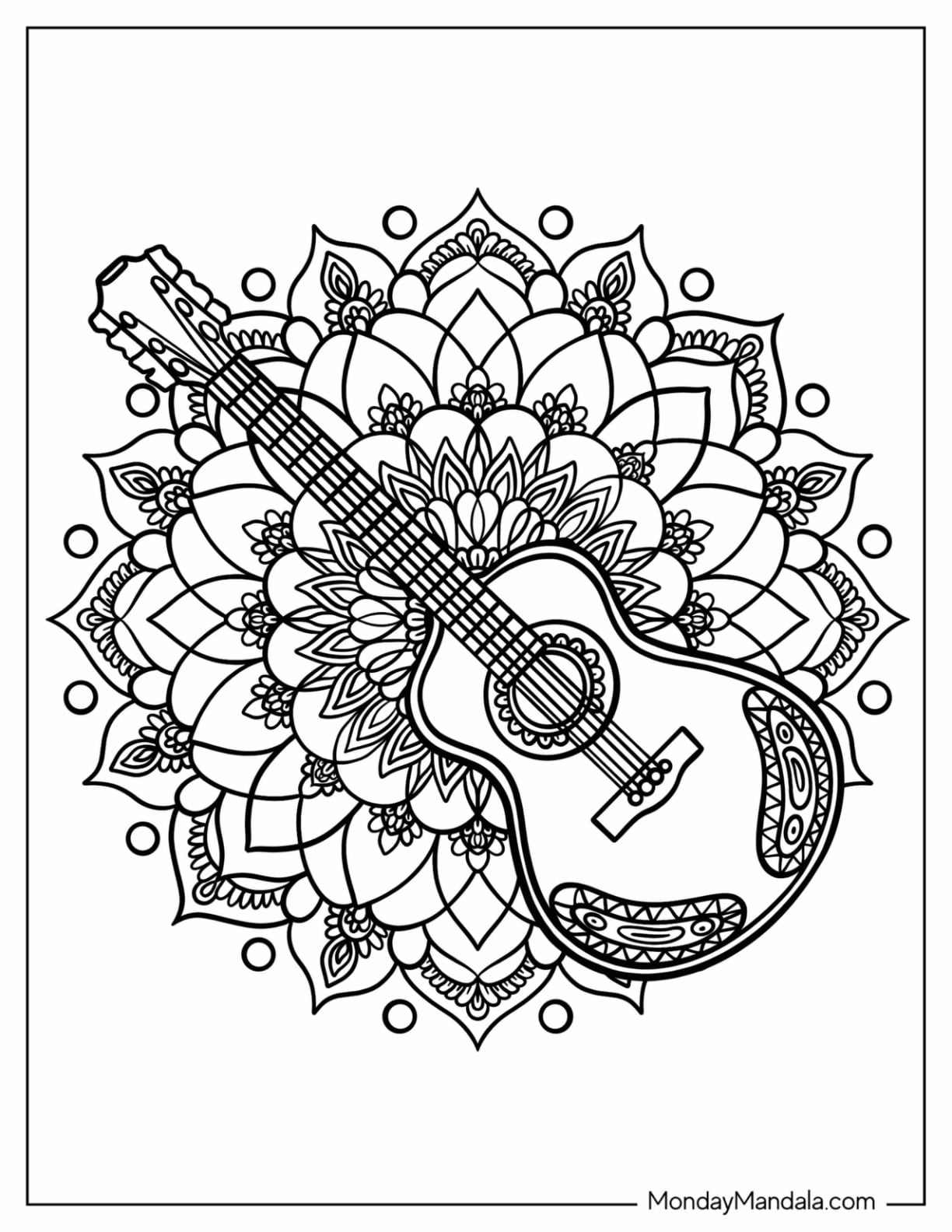 Acoustic Guitar Coloring Page on Top of Floral Mandala