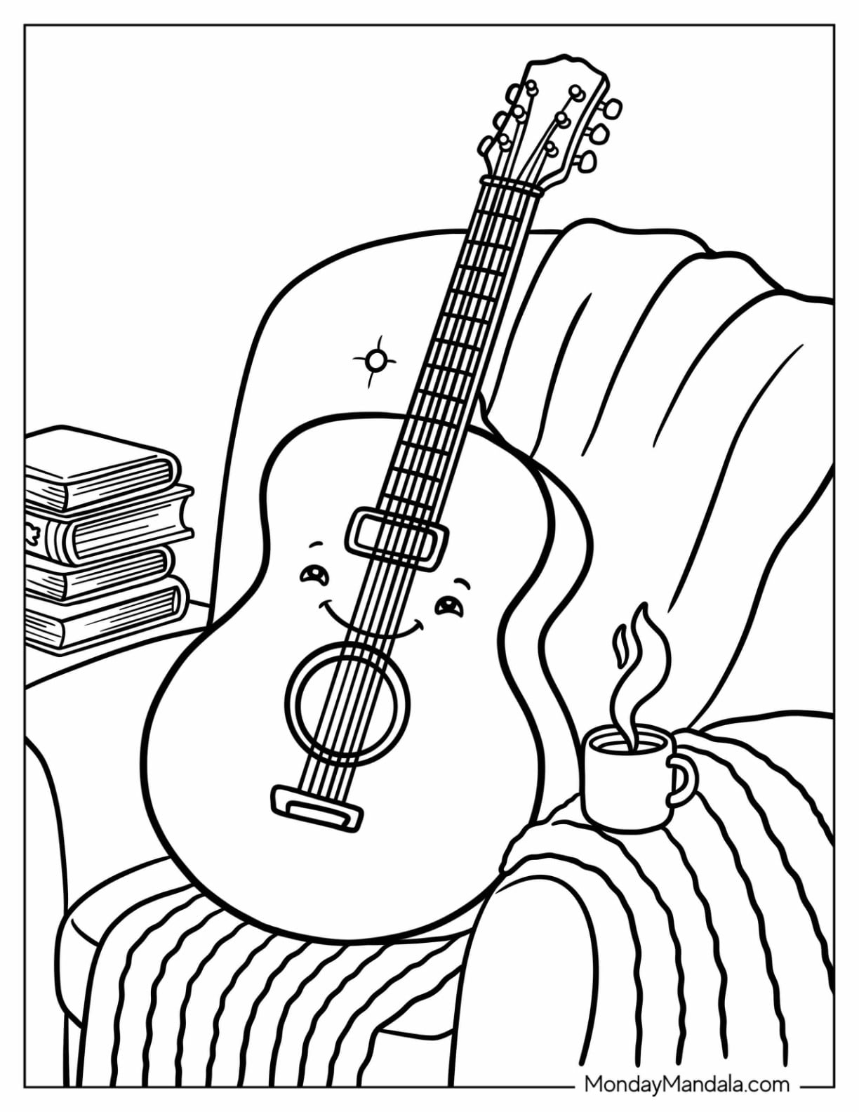 Acoustic Guitar Coloring Page on a Cozy Armchair for Kids