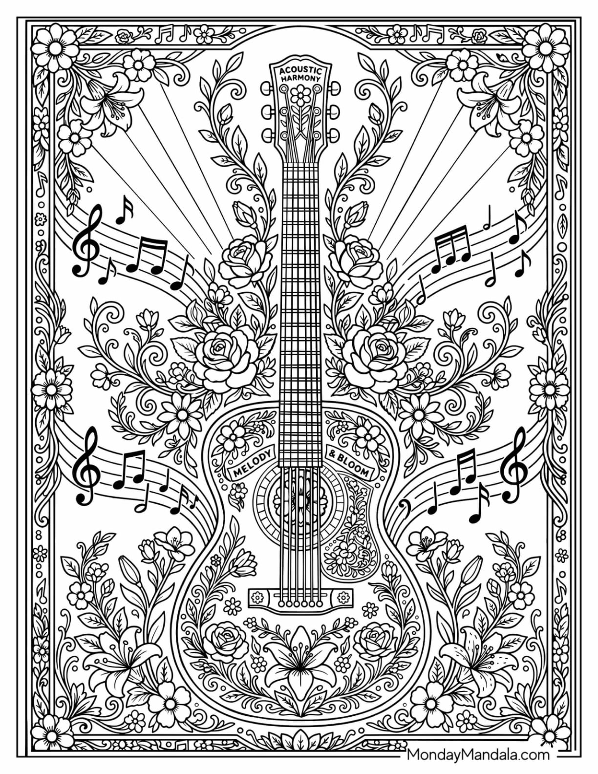 Acoustic Guitars with Flowers and Musical Notes Coloring Page