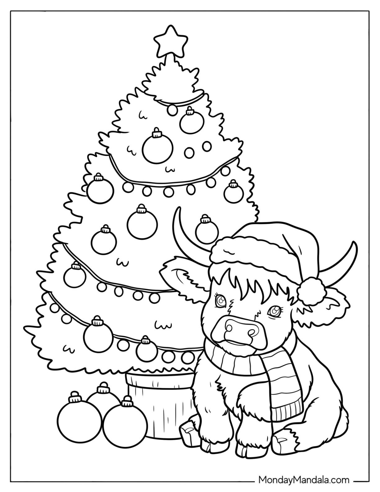 Adorable Baby Cow Sitting Next to a Christmas Tree