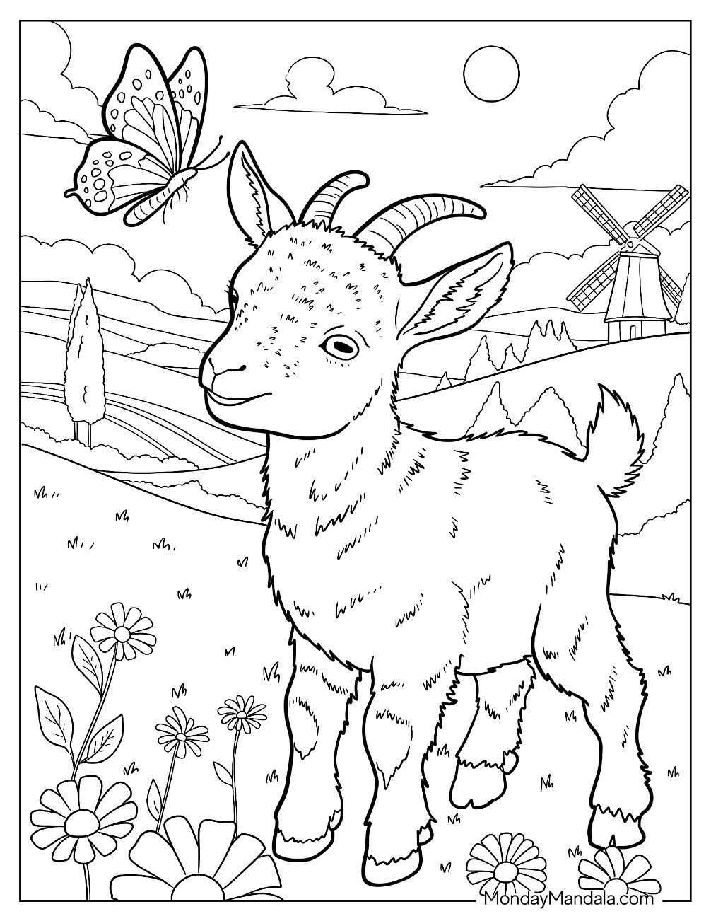 Adorable Baby Goat Coloring Page Watching a Butterfly in a Meadow with Windmill