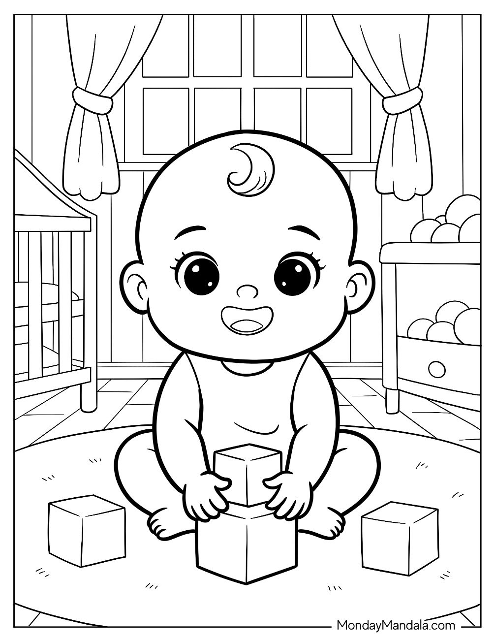 People Coloring Page of  Adorable Baby Playing With Blocks In His Room For Kids