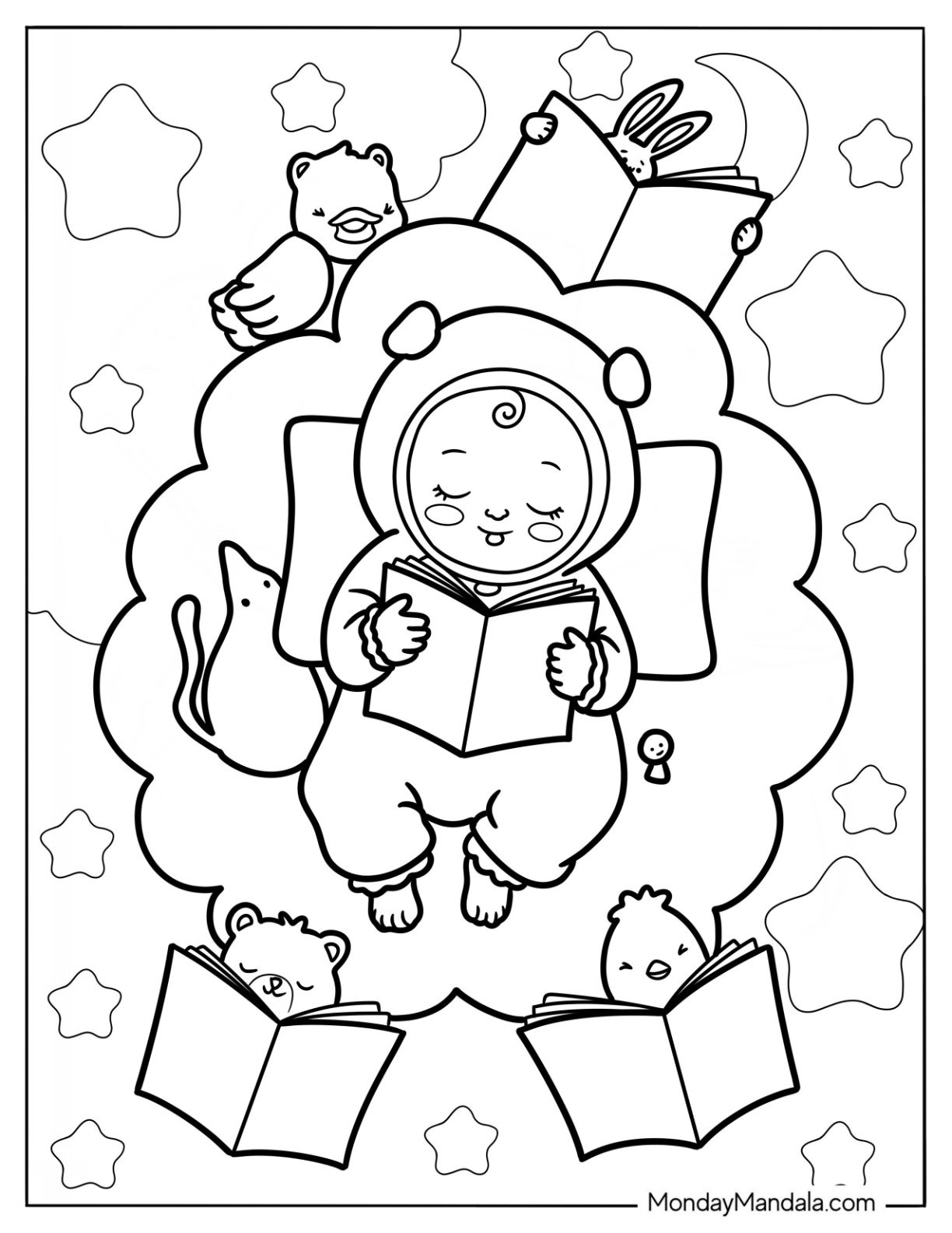 Adorable Baby Coloring Page Reading On A Cloud