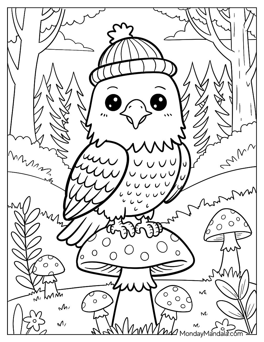 Adorable Bald Eagle Coloring Page with a Beanie Perched on a Mushroom for Kids