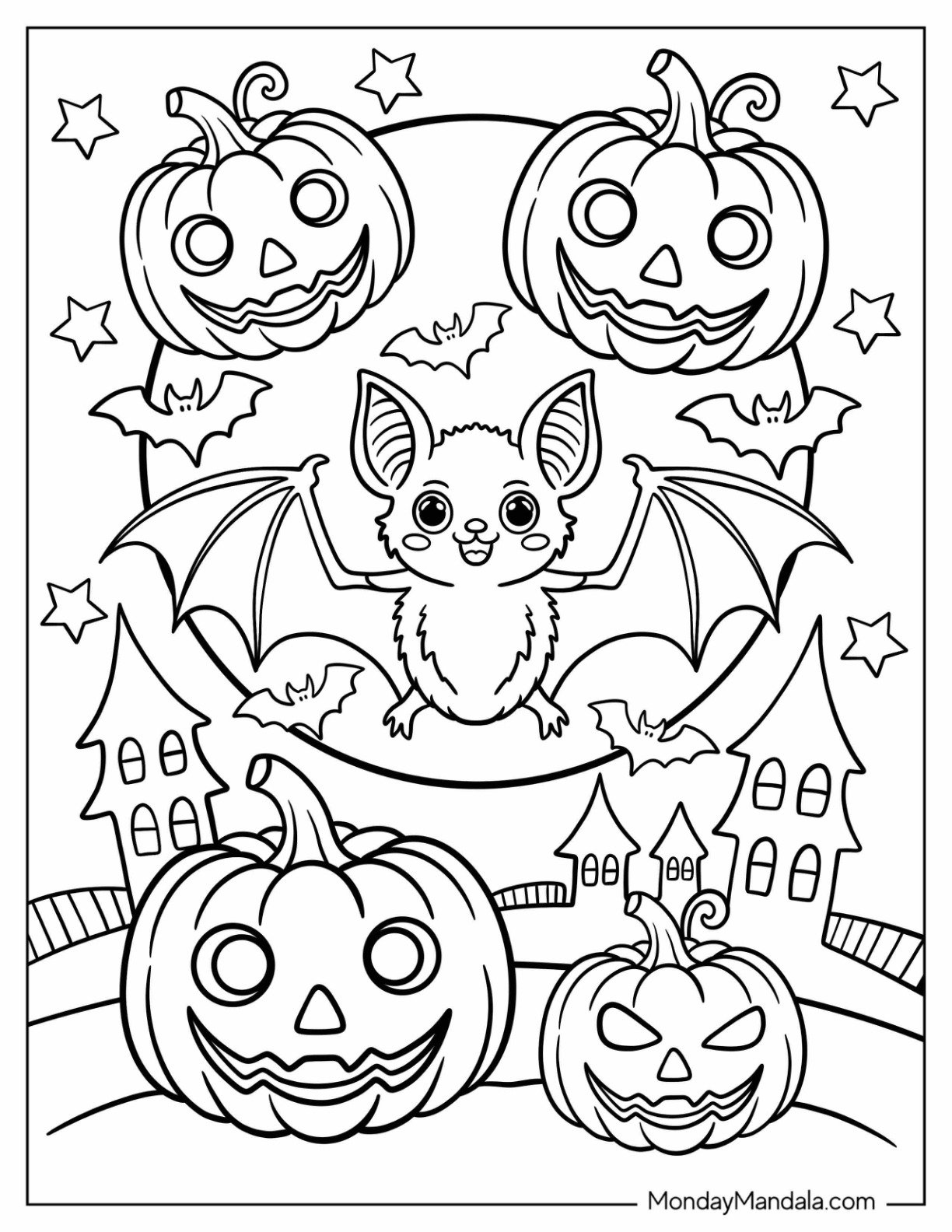 Adorable Bat Coloring Page in the Sky with Full Moon and Jack O Lanterns for Kids