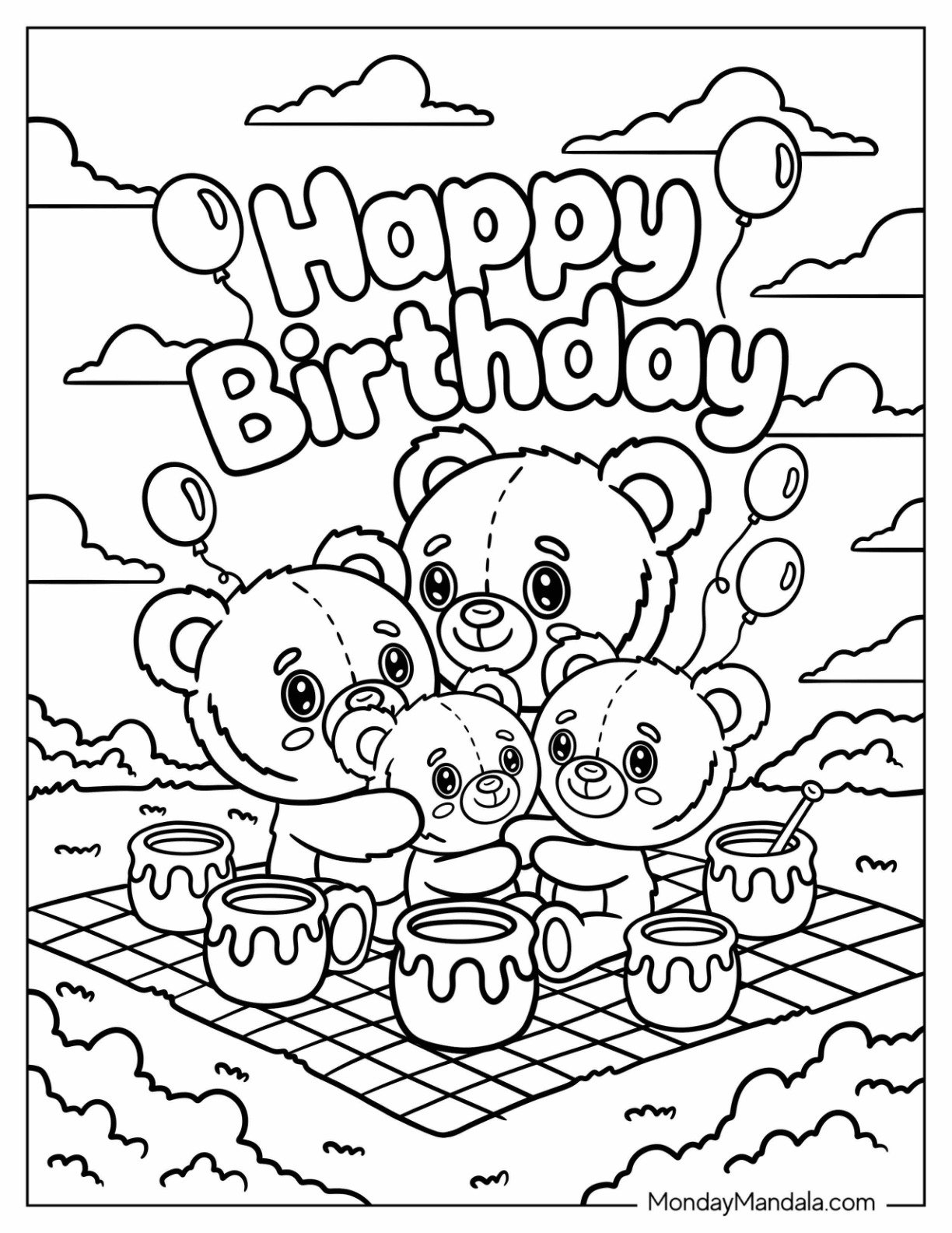 Adorable Bear Family Hugging in a Picnic with Happy Birthday Coloring Page in the Sky for Kids