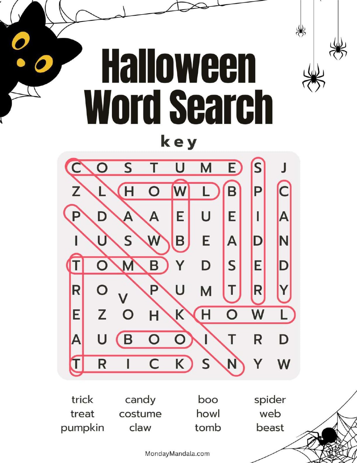 Adorable Black Cat Halloween Word Search For Kids Answer Key