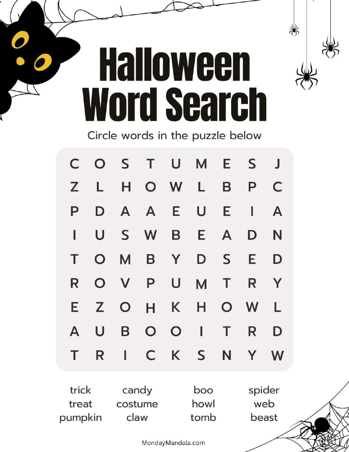 Adorable Black Cat Halloween Word Search For Kids