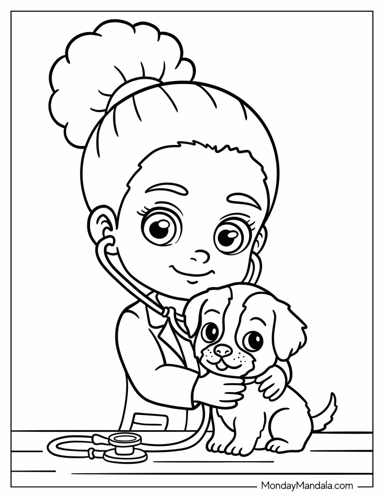 Adorable Black Girl & Boy Coloring Page Veterinarian Holding Puppy for Preschoolers
