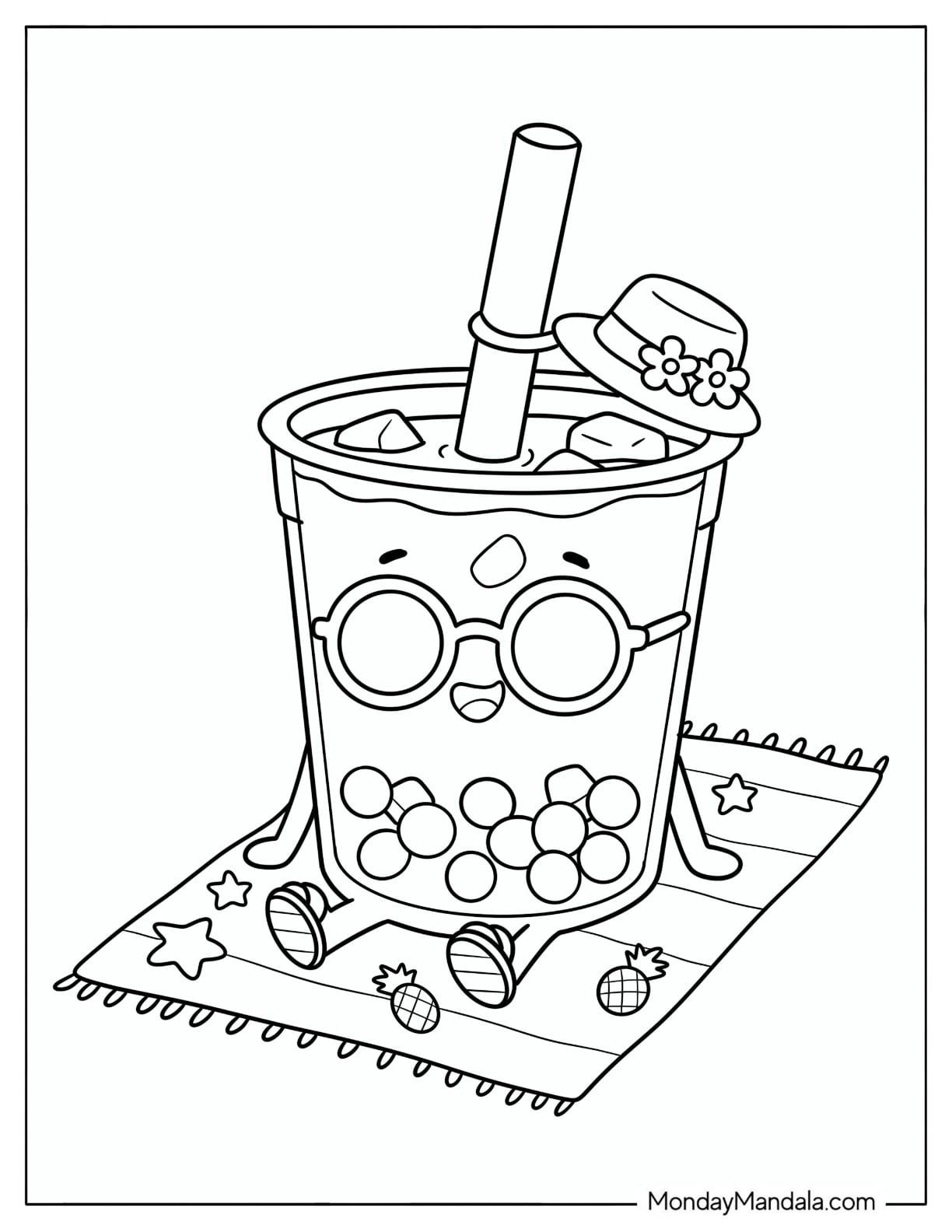 Adorable Boba Tea with Straw Hat Sunbathing Coloring Page for Kids