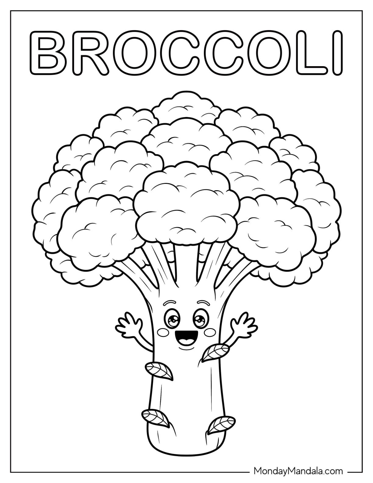 Adorable Broccoli with Arms and Legs Vegetable Coloring Page for Kids