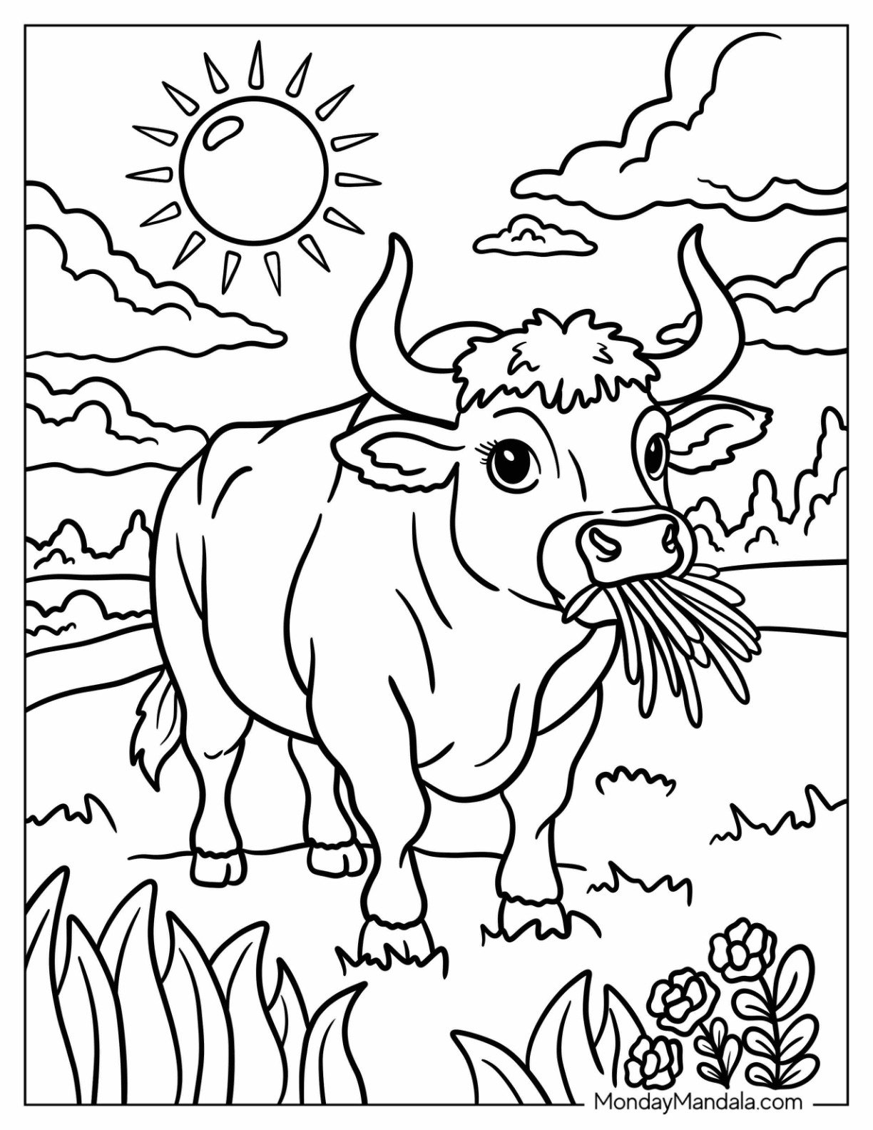Adorable Bull Coloring Page Chewing Grass on a Field under the Sun