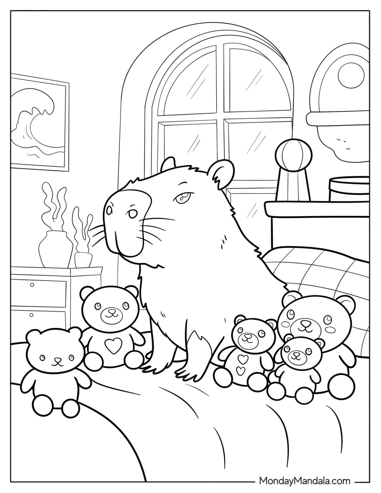 Adorable Capybara Coloring Page Surrounded by Stuffed Animals in Cozy Bedroom for Kids