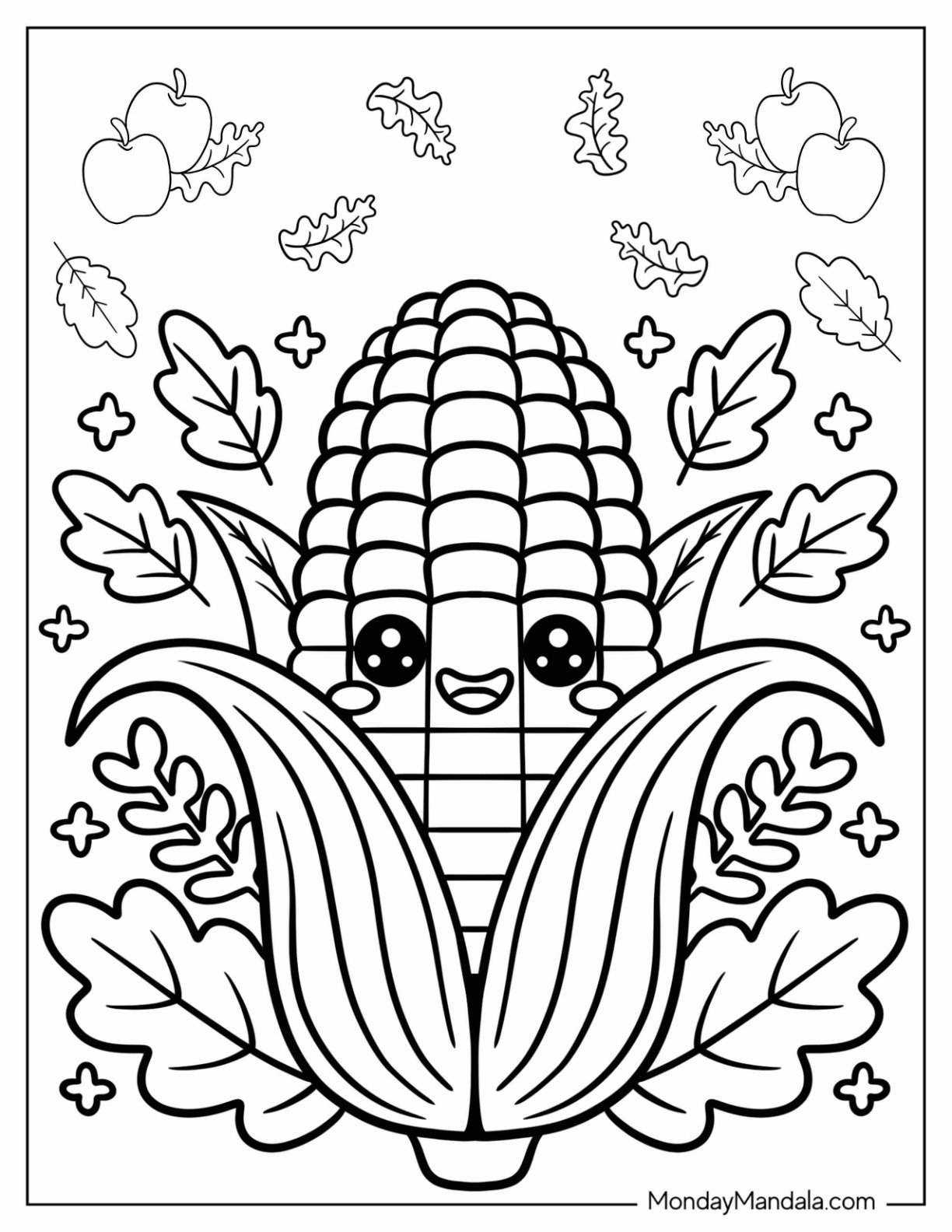 Thanksgiving Coloring Page Adorable Cartoon Corn with Fall Leaves for Kids