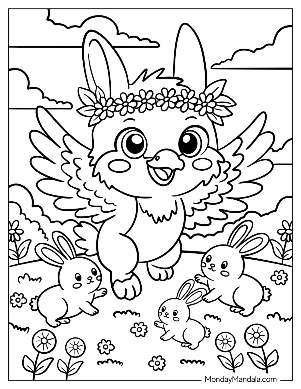 Adorable Cartoon Griffin Coloring Page Surrounded by Rabbits and Spring Flowers for Preschoolers