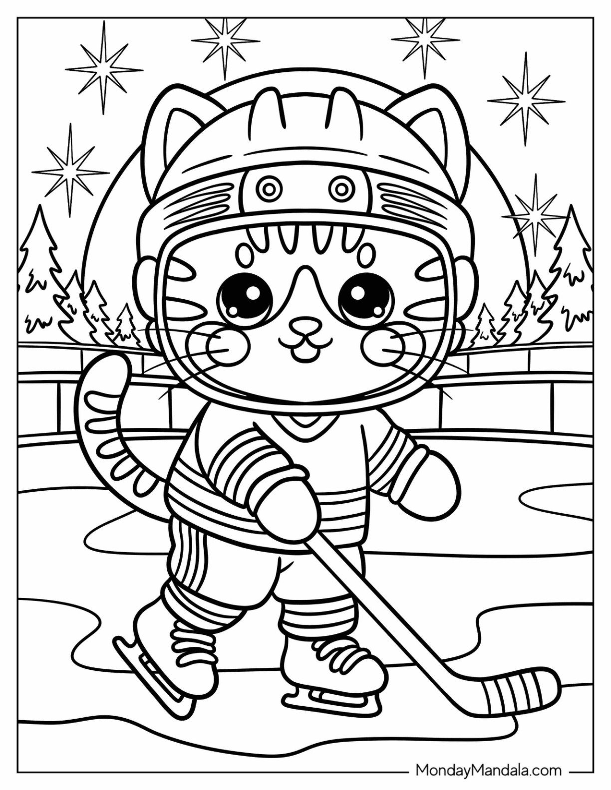 NHL & Hockey Coloring Page of Adorable Cat Ice Hockey Player in Full Gear for Kids