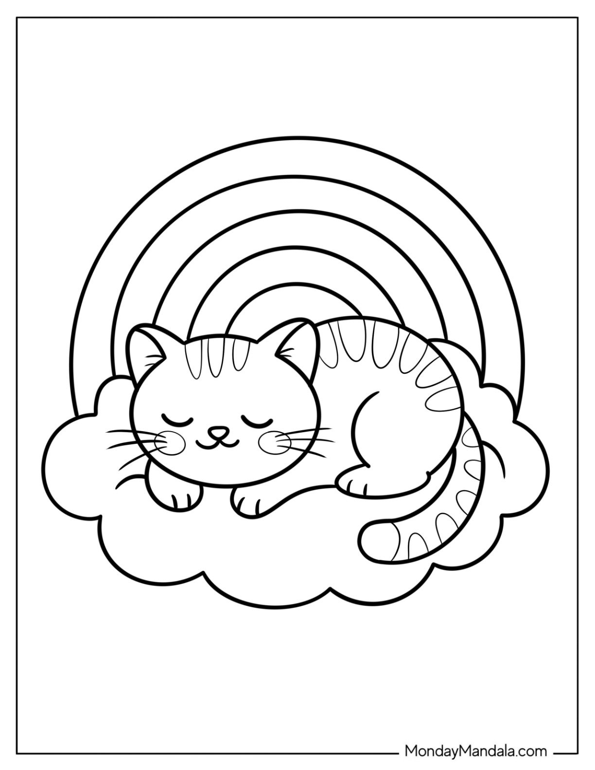 Adorable Cat Coloring Page Sleeping on a Cloud with a Rainbow for Preschoolers