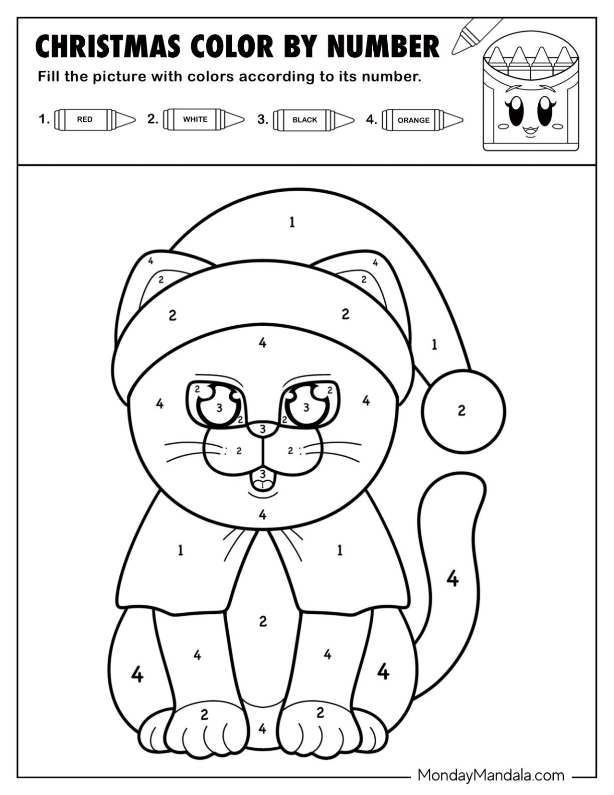 Adorable Cat Wearing Santa Hat Christmas Color by Number Coloring Page for Kids