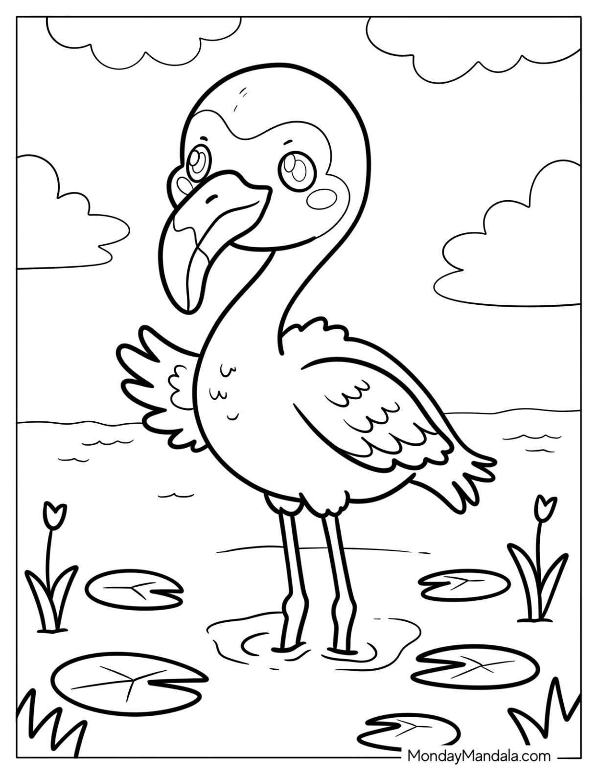 Adorable Chibi Flamingo Standing in Water Coloring Page For Kids