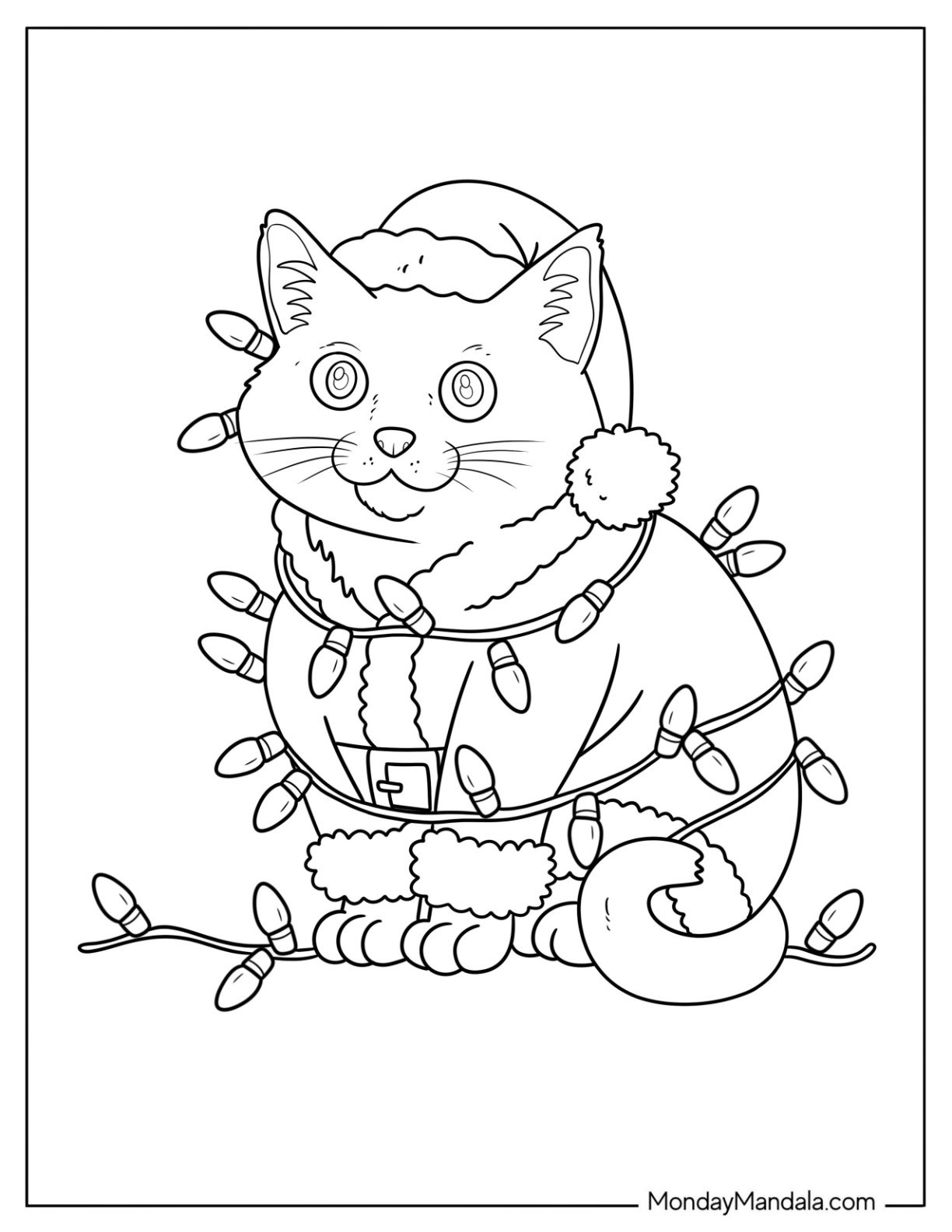Adorable Christmas Cat Coloring Page in Santa Suit Wrapped in Holiday Lights for Kids