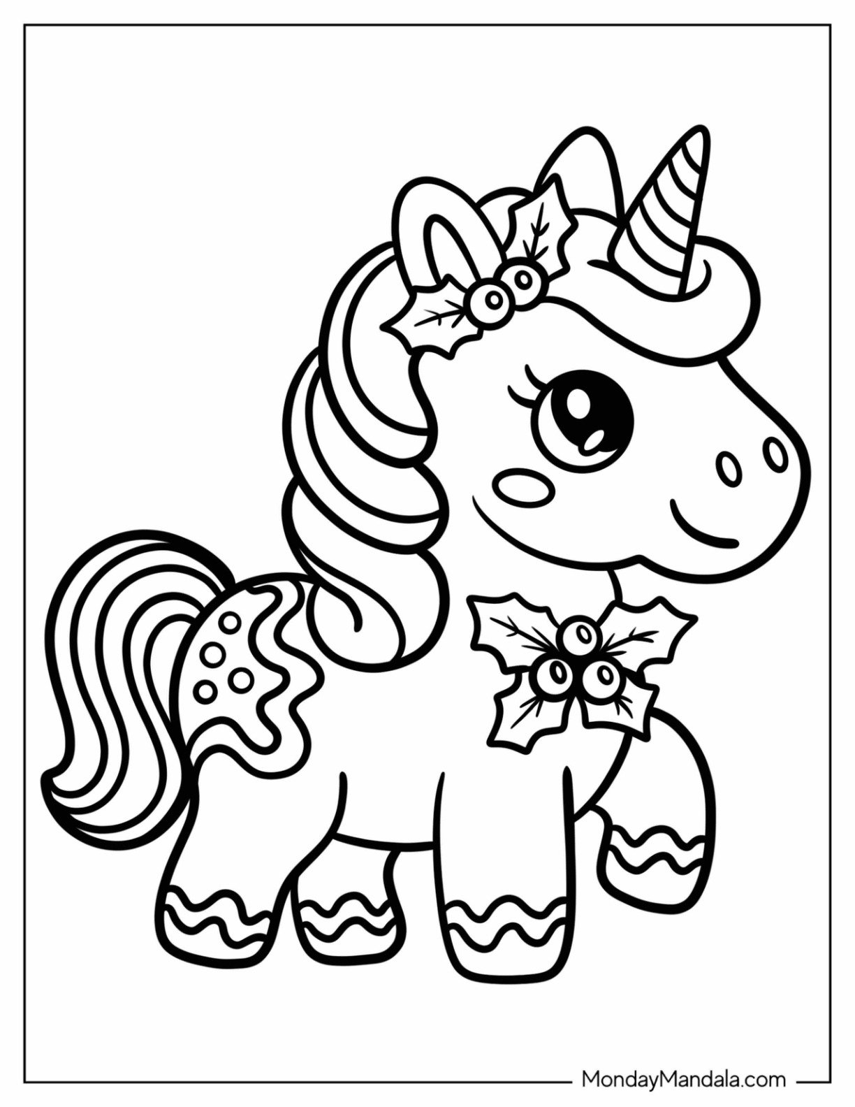 Adorable Christmas Unicorn Coloring Page Wearing Hollies for Preschoolers