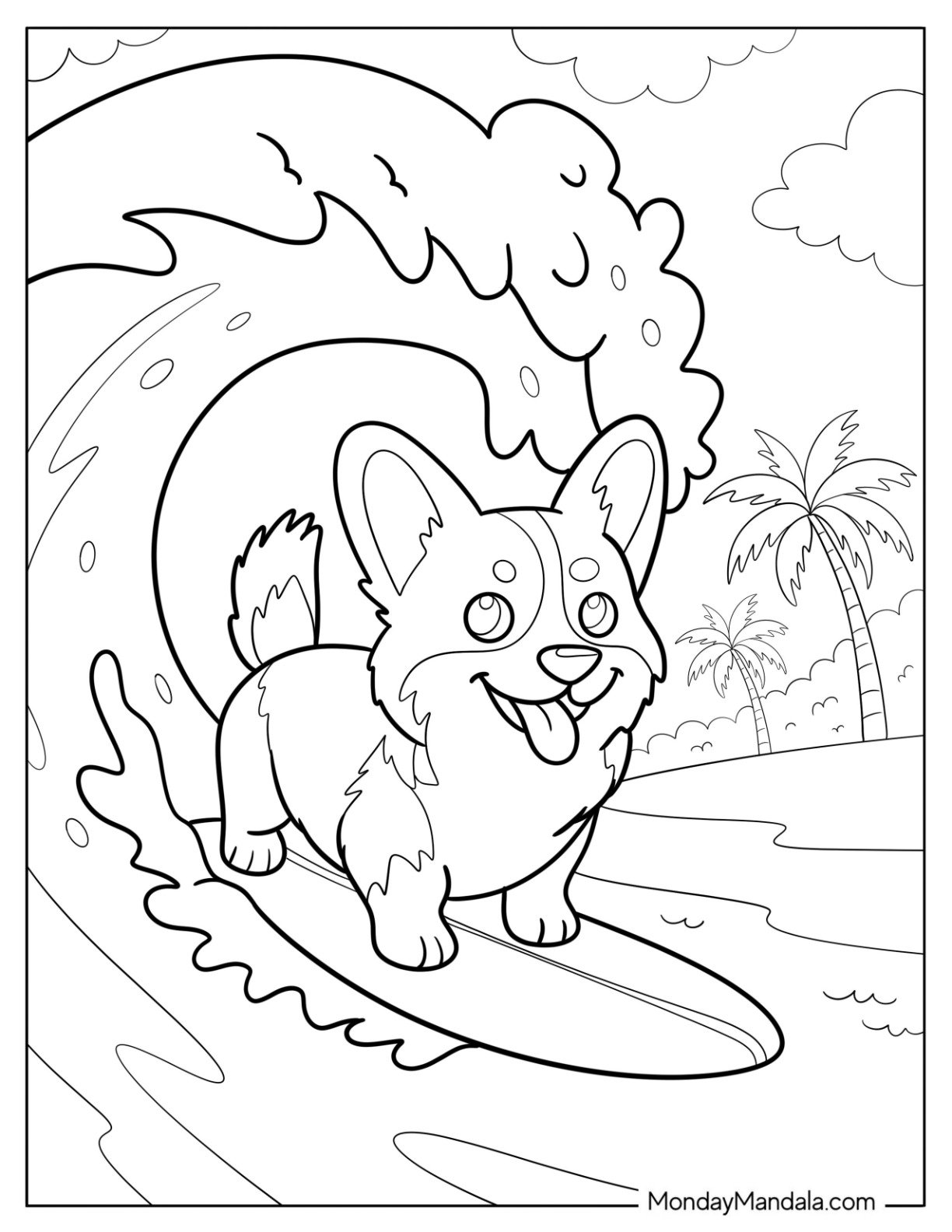 Adorable Corgi Coloring Page Surfing at the Beach for Kids