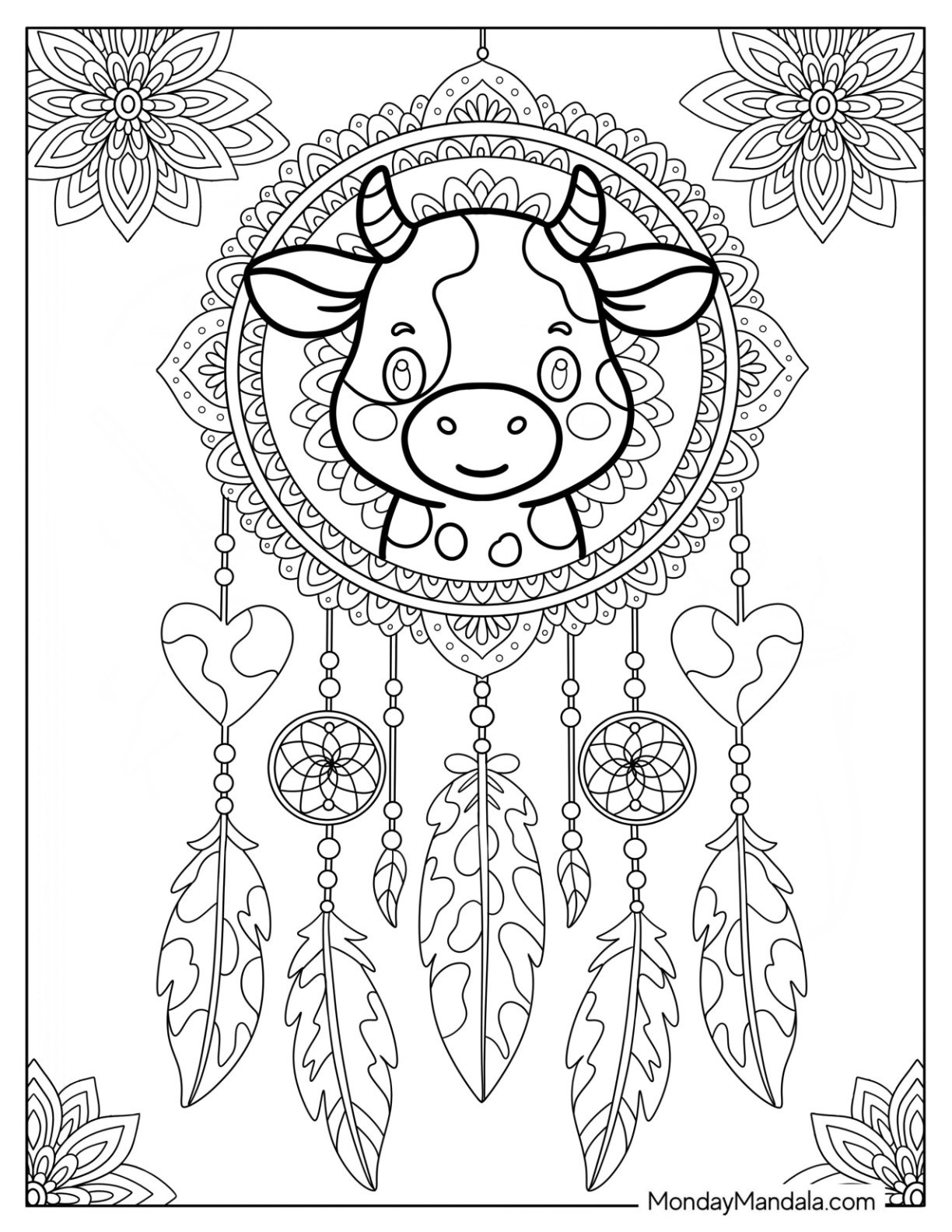 Adorable Cow Coloring Page In Dreamcatcher Mandala With Feathers