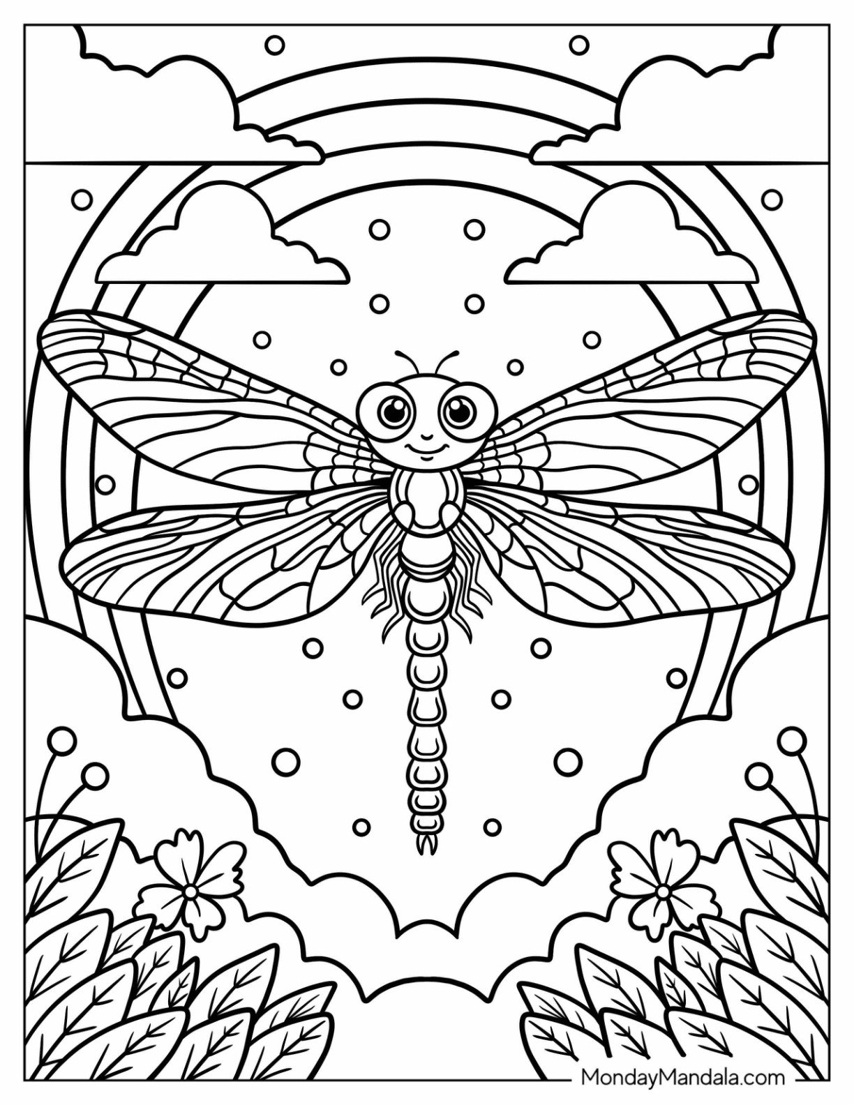 Adorable Dragonfly Coloring Page with Rainbow and Flowers in the Background