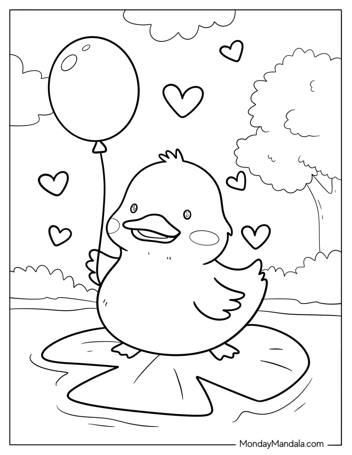 Adorable Duck With Balloon Standing On Lily Pad Coloring Sheet For Preschoolers